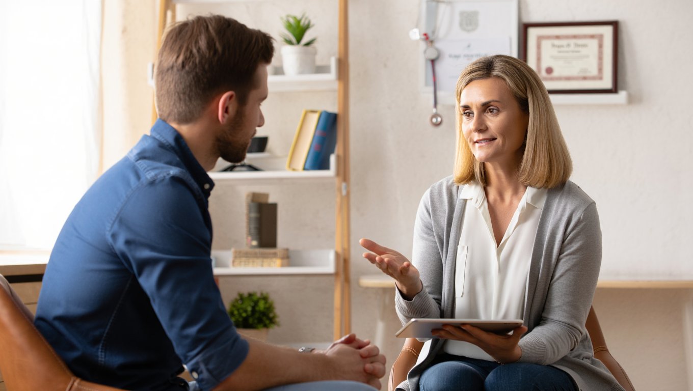 Психотерапия Мужчина на приеме у психотерапевта